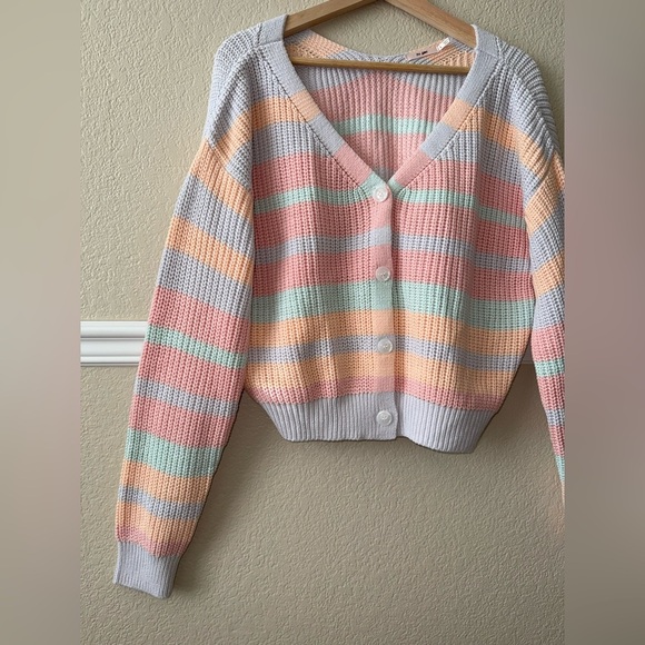 Cotton Blend Striped Colorful Chunky Knit Cardigan Sweater Button Front Large - Picture 9 of 15